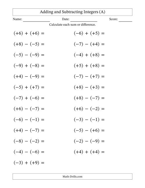 The Adding and Subtracting Mixed Integers from -9 to 9 (25 Questions; Large Print; All Parentheses) (A) Math Worksheet