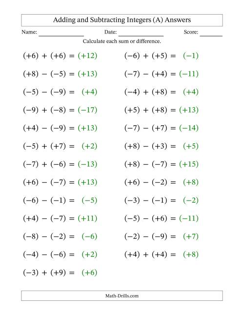The Adding and Subtracting Mixed Integers from -9 to 9 (25 Questions; Large Print; All Parentheses) (A) Math Worksheet Page 2