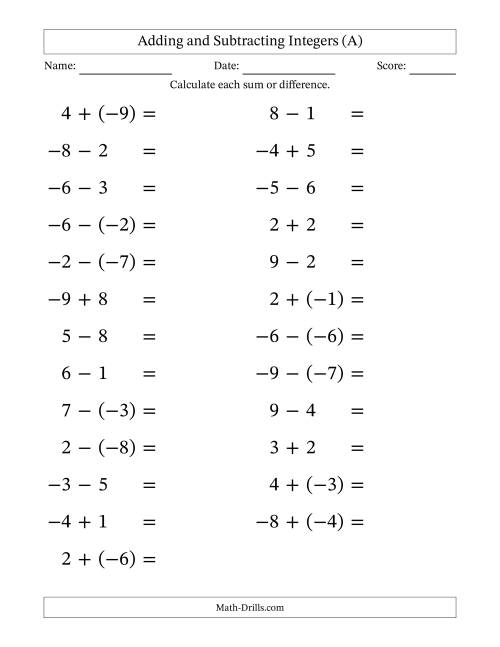 The Adding and Subtracting Mixed Integers from -9 to 9 (25 Questions; Large Print) (A) Math Worksheet