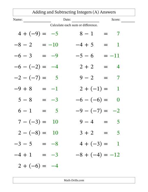 The Adding and Subtracting Mixed Integers from -9 to 9 (25 Questions; Large Print) (A) Math Worksheet Page 2