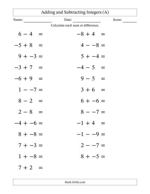 The Adding and Subtracting Mixed Integers from -9 to 9 (25 Questions; Large Print; No Parentheses) (A) Math Worksheet