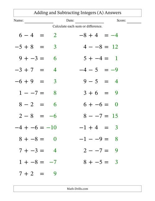The Adding and Subtracting Mixed Integers from -9 to 9 (25 Questions; Large Print; No Parentheses) (A) Math Worksheet Page 2