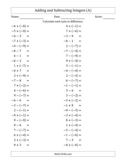 The Adding and Subtracting Mixed Integers from -9 to 9 (50 Questions) (A) Math Worksheet