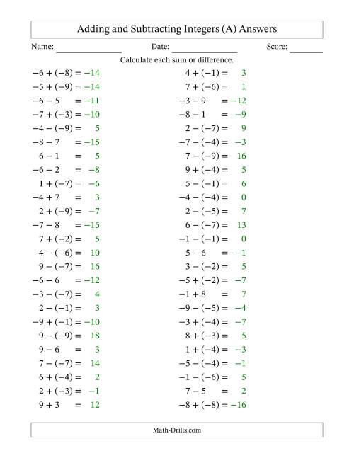 The Adding and Subtracting Mixed Integers from -9 to 9 (50 Questions) (A) Math Worksheet Page 2