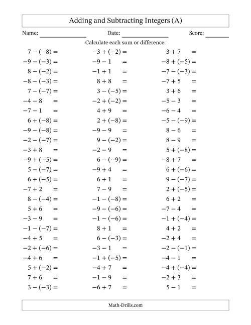 The Adding and Subtracting Mixed Integers from -9 to 9 (75 Questions) (A) Math Worksheet