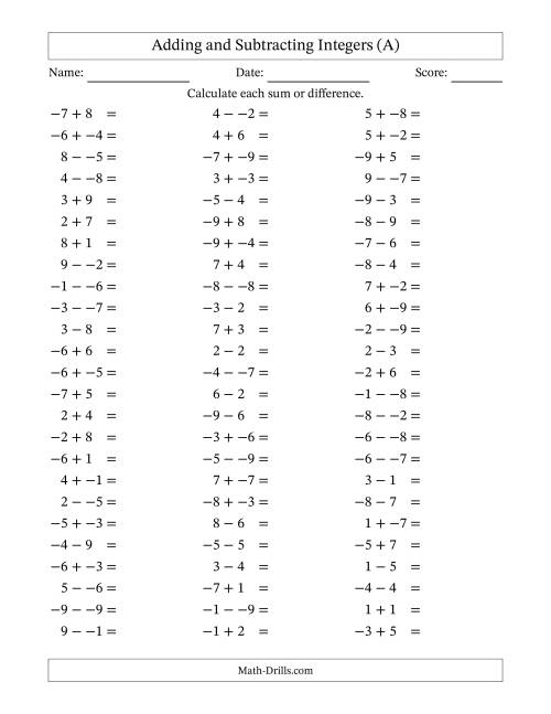 The Adding and Subtracting Mixed Integers from -9 to 9 (75 Questions; No Parentheses) (A) Math Worksheet