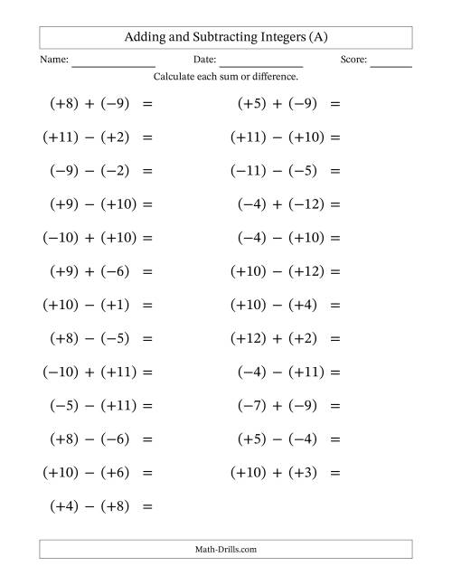 The Adding and Subtracting Mixed Integers from -12 to 12 (25 Questions; Large Print; All Parentheses) (A) Math Worksheet