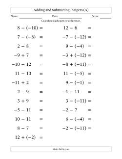 Adding and Subtracting Mixed Integers from -12 to 12 (25 Questions; Large Print)