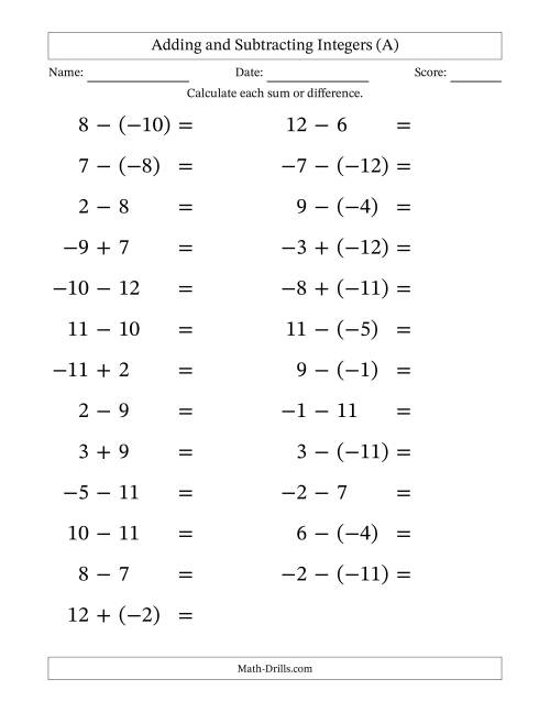 The Adding and Subtracting Mixed Integers from -12 to 12 (25 Questions; Large Print) (A) Math Worksheet