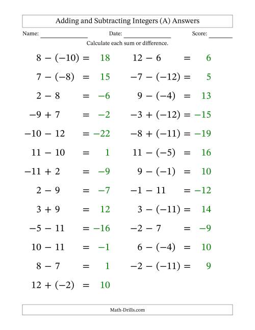 The Adding and Subtracting Mixed Integers from -12 to 12 (25 Questions; Large Print) (A) Math Worksheet Page 2