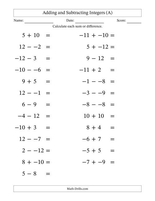 The Adding and Subtracting Mixed Integers from -12 to 12 (25 Questions; Large Print; No Parentheses) (A) Math Worksheet