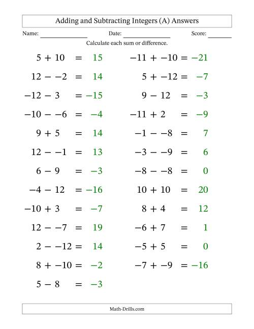 The Adding and Subtracting Mixed Integers from -12 to 12 (25 Questions; Large Print; No Parentheses) (A) Math Worksheet Page 2