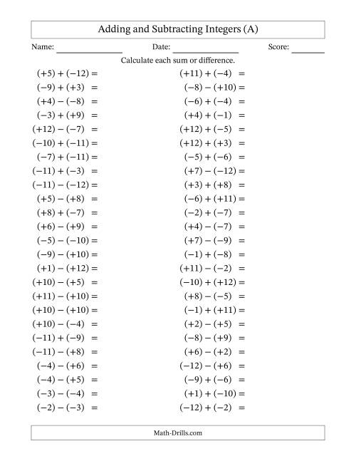 The Adding and Subtracting Mixed Integers from -12 to 12 (50 Questions; All Parentheses) (A) Math Worksheet