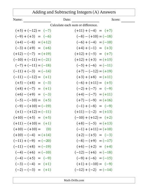 The Adding and Subtracting Mixed Integers from -12 to 12 (50 Questions; All Parentheses) (A) Math Worksheet Page 2