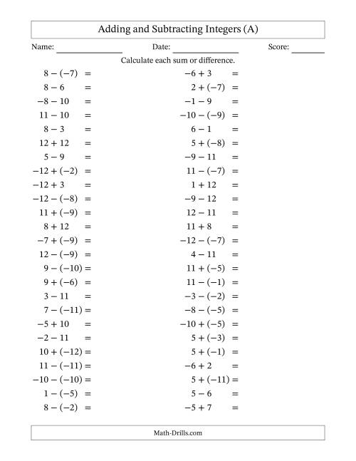 The Adding and Subtracting Mixed Integers from -12 to 12 (50 Questions) (A) Math Worksheet