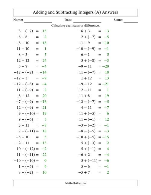 The Adding and Subtracting Mixed Integers from -12 to 12 (50 Questions) (A) Math Worksheet Page 2