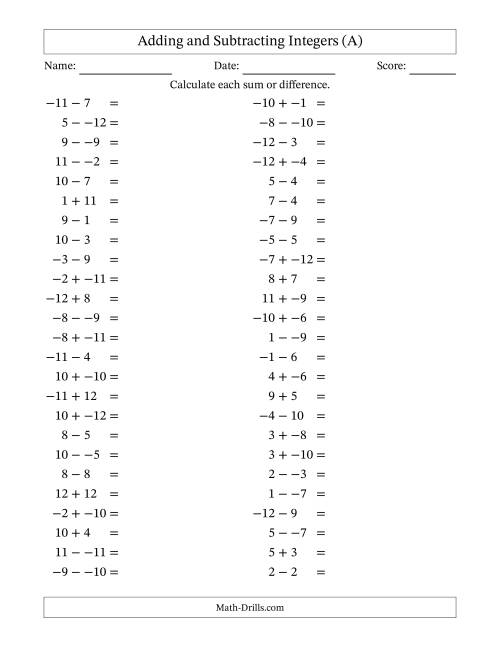 The Adding and Subtracting Mixed Integers from -12 to 12 (50 Questions; No Parentheses) (A) Math Worksheet