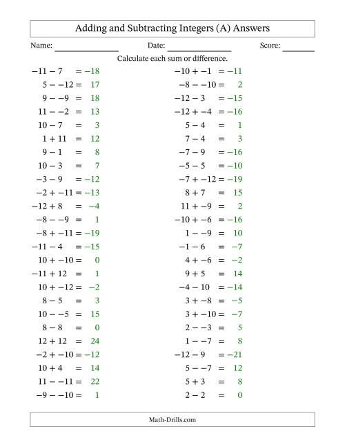 The Adding and Subtracting Mixed Integers from -12 to 12 (50 Questions; No Parentheses) (A) Math Worksheet Page 2