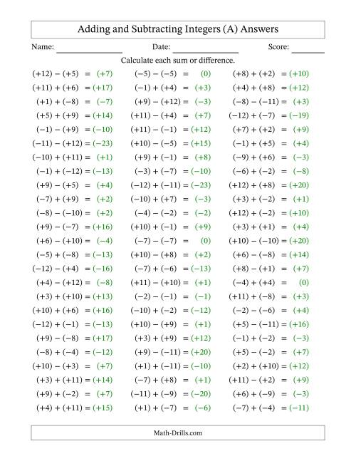 The Adding and Subtracting Mixed Integers from -12 to 12 (75 Questions; All Parentheses) (A) Math Worksheet Page 2