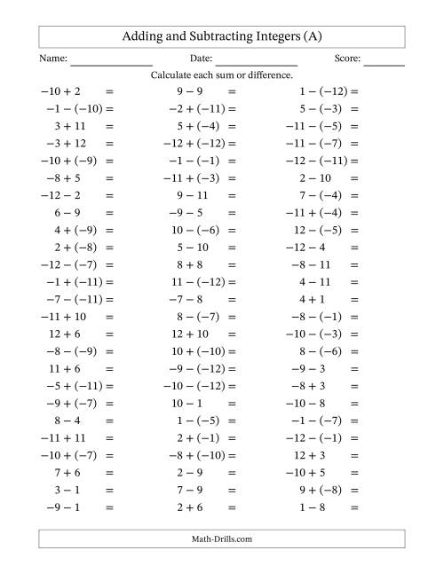 The Adding and Subtracting Mixed Integers from -12 to 12 (75 Questions) (A) Math Worksheet