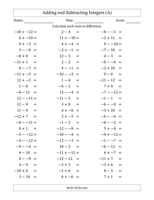 The Adding and Subtracting Mixed Integers from -12 to 12 (75 Questions; No Parentheses) (A) Math Worksheet