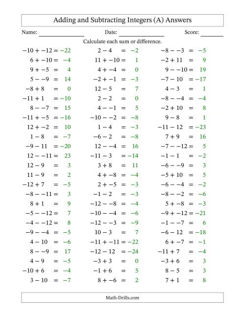 The Adding and Subtracting Mixed Integers from -12 to 12 (75 Questions; No Parentheses) (A) Math Worksheet Page 2