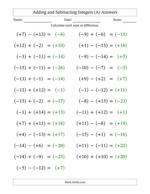 The Adding and Subtracting Mixed Integers from -15 to 15 (25 Questions; Large Print; All Parentheses) (A) Math Worksheet Page 2