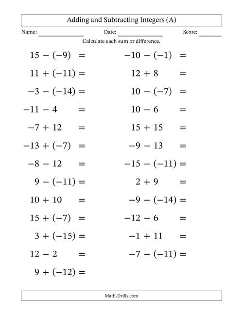 The Adding and Subtracting Mixed Integers from -15 to 15 (25 Questions; Large Print) (A) Math Worksheet