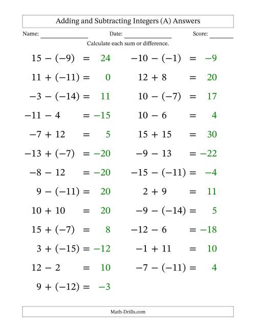The Adding and Subtracting Mixed Integers from -15 to 15 (25 Questions; Large Print) (A) Math Worksheet Page 2