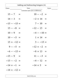 Adding and Subtracting Mixed Integers from -15 to 15 (25 Questions; Large Print; No Parentheses)