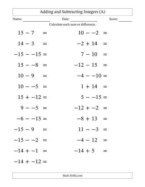 The Adding and Subtracting Mixed Integers from -15 to 15 (25 Questions; Large Print; No Parentheses) (A) Math Worksheet