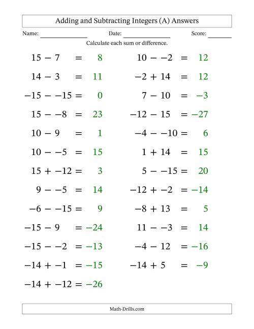 The Adding and Subtracting Mixed Integers from -15 to 15 (25 Questions; Large Print; No Parentheses) (A) Math Worksheet Page 2