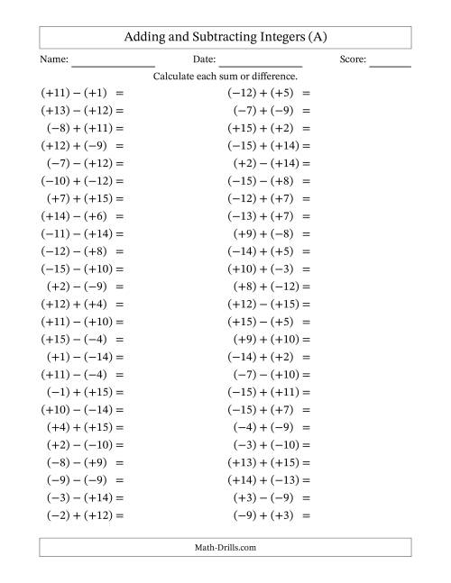 The Adding and Subtracting Mixed Integers from -15 to 15 (50 Questions; All Parentheses) (A) Math Worksheet