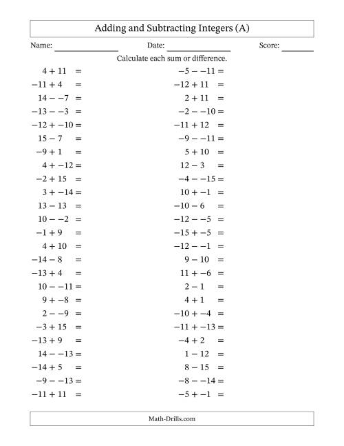 The Adding and Subtracting Mixed Integers from -15 to 15 (50 Questions; No Parentheses) (A) Math Worksheet