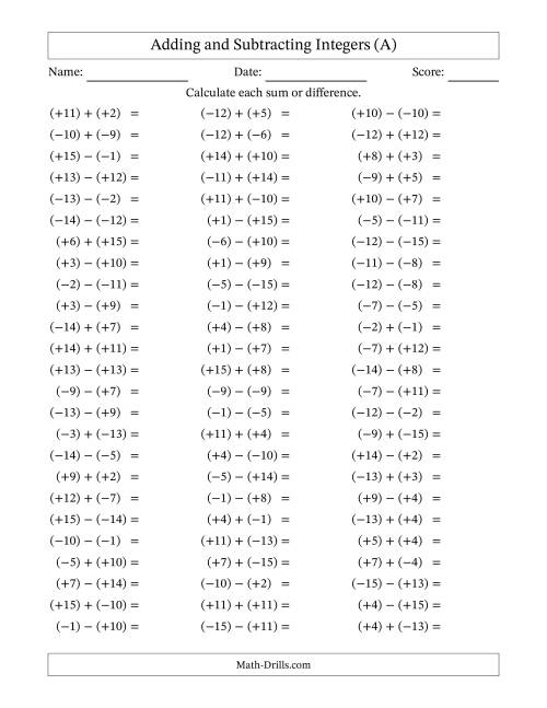 The Adding and Subtracting Mixed Integers from -15 to 15 (75 Questions; All Parentheses) (A) Math Worksheet