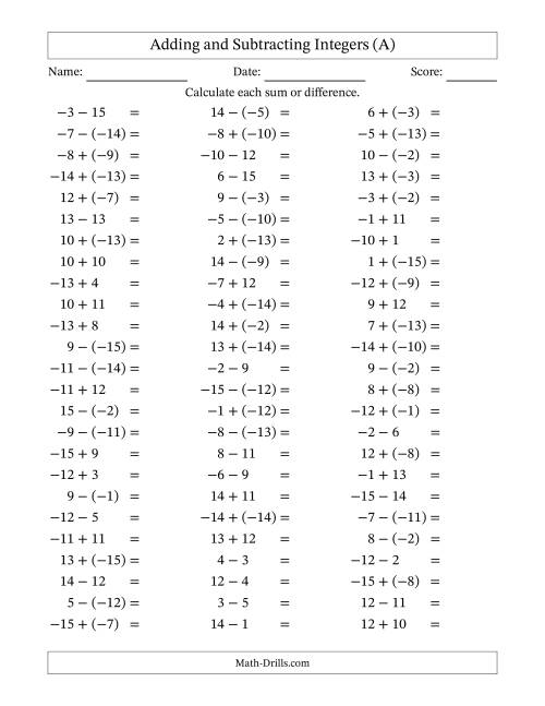 The Adding and Subtracting Mixed Integers from -15 to 15 (75 Questions) (A) Math Worksheet