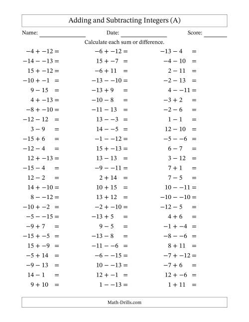 The Adding and Subtracting Mixed Integers from -15 to 15 (75 Questions; No Parentheses) (A) Math Worksheet