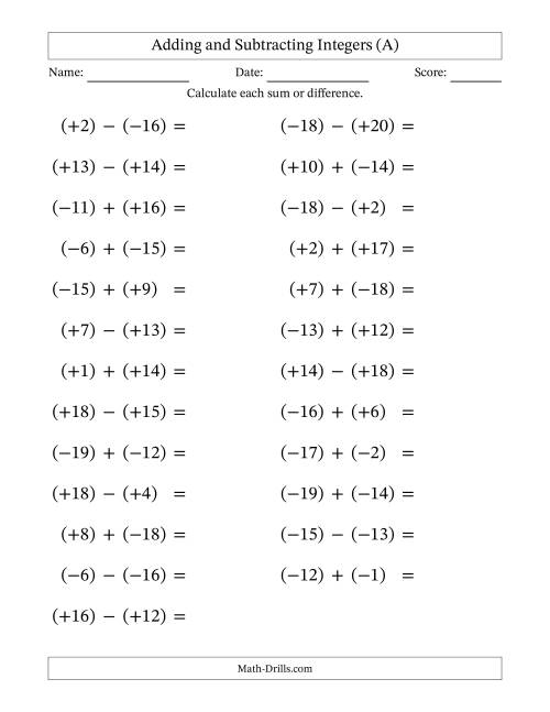 The Adding and Subtracting Mixed Integers from -20 to 20 (25 Questions; Large Print; All Parentheses) (A) Math Worksheet