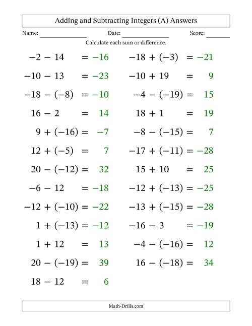 The Adding and Subtracting Mixed Integers from -20 to 20 (25 Questions; Large Print) (A) Math Worksheet Page 2