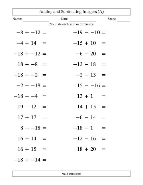 The Adding and Subtracting Mixed Integers from -20 to 20 (25 Questions; Large Print; No Parentheses) (A) Math Worksheet