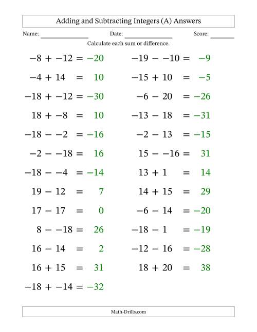 The Adding and Subtracting Mixed Integers from -20 to 20 (25 Questions; Large Print; No Parentheses) (A) Math Worksheet Page 2