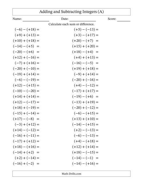 The Adding and Subtracting Mixed Integers from -20 to 20 (50 Questions; All Parentheses) (A) Math Worksheet