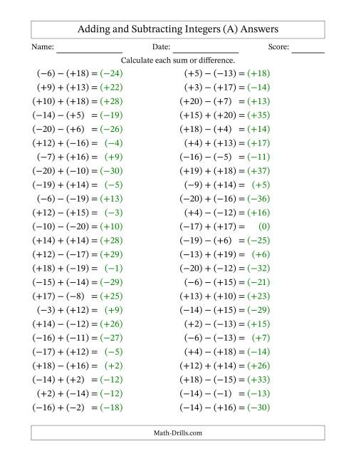 The Adding and Subtracting Mixed Integers from -20 to 20 (50 Questions; All Parentheses) (A) Math Worksheet Page 2