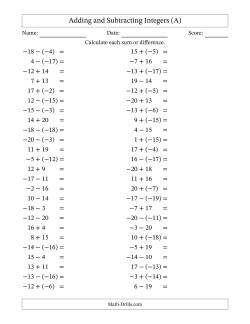 Adding and Subtracting Mixed Integers from -20 to 20 (50 Questions)