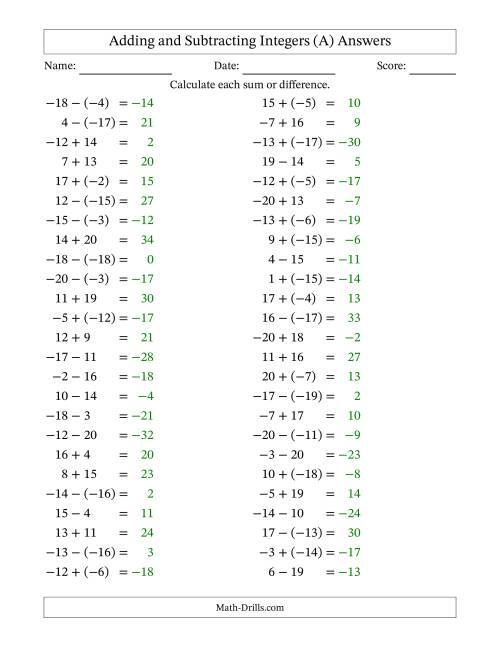 The Adding and Subtracting Mixed Integers from -20 to 20 (50 Questions) (A) Math Worksheet Page 2