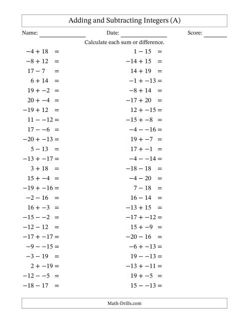 The Adding and Subtracting Mixed Integers from -20 to 20 (50 Questions; No Parentheses) (A) Math Worksheet