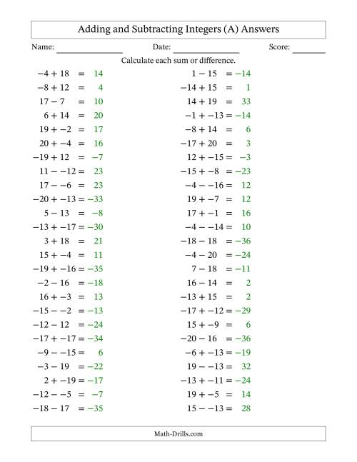 The Adding and Subtracting Mixed Integers from -20 to 20 (50 Questions; No Parentheses) (A) Math Worksheet Page 2