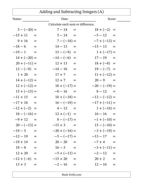 The Adding and Subtracting Mixed Integers from -20 to 20 (75 Questions) (A) Math Worksheet