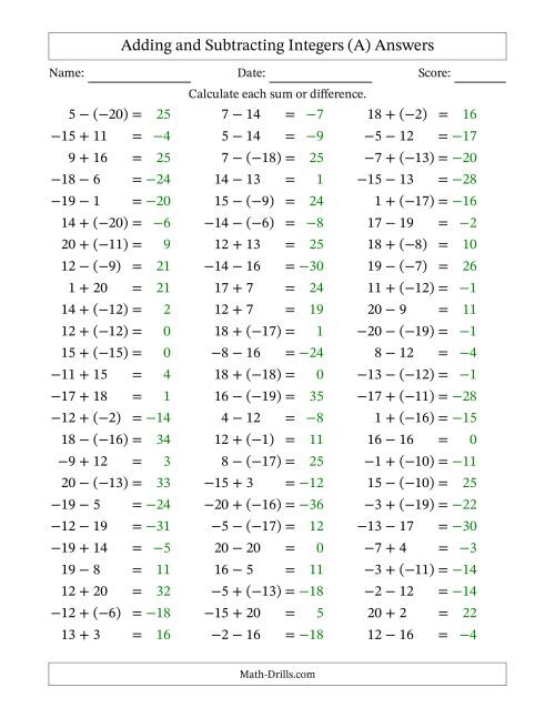 The Adding and Subtracting Mixed Integers from -20 to 20 (75 Questions) (A) Math Worksheet Page 2