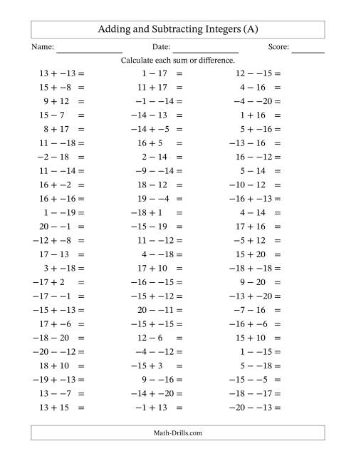 The Adding and Subtracting Mixed Integers from -20 to 20 (75 Questions; No Parentheses) (A) Math Worksheet